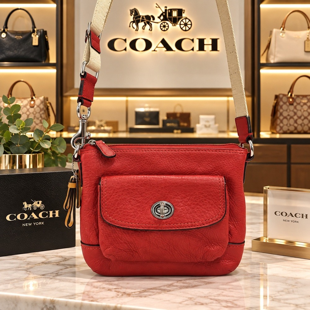 Coach Red Pebbled Leather Crossbody Bag with Turnlock Pocket and Canvas Strap